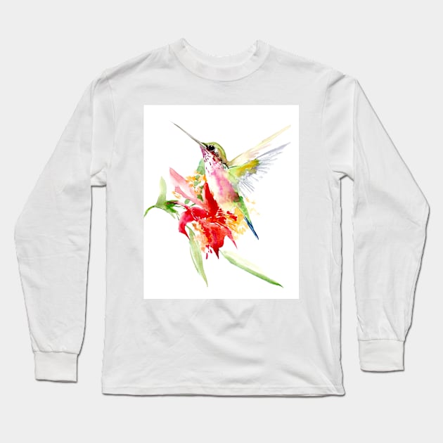 Hummingbird and Flowers Long Sleeve T-Shirt by surenart